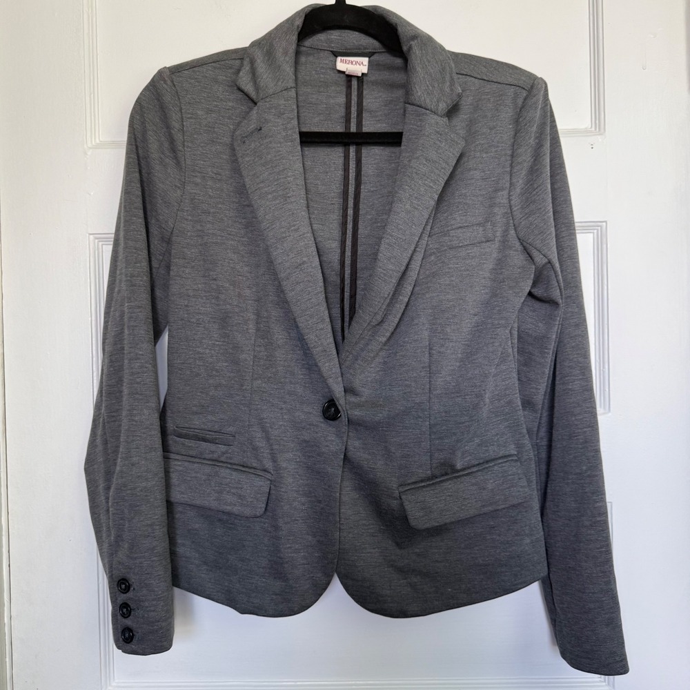 Merona Womens Heather Grey Knit Blazer Single Button Jacket Small 512312-C3